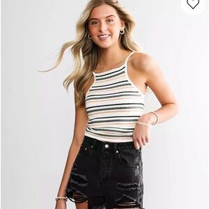 Striped Ribbed Halter Crop Top - White with Multi Stripes